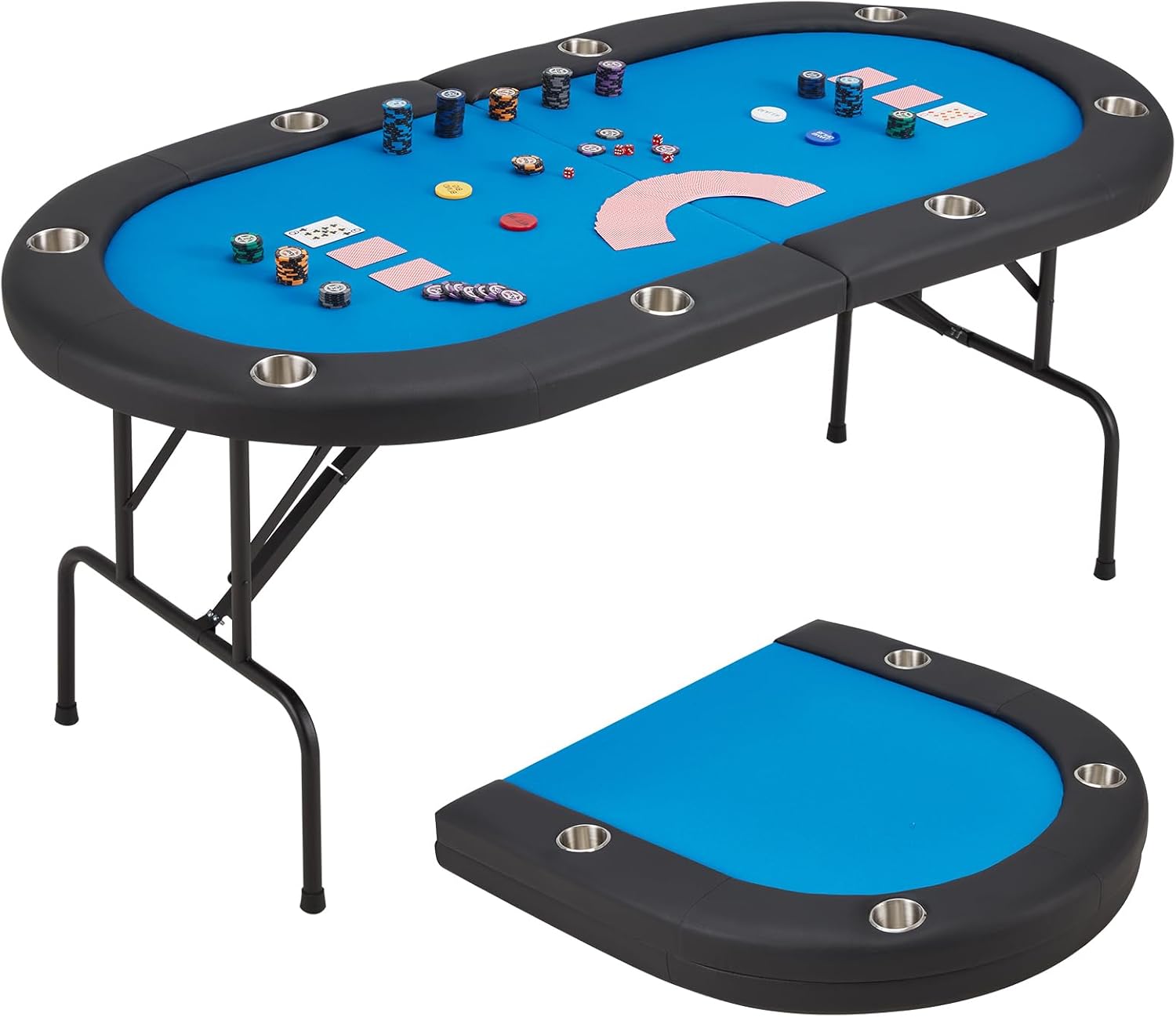 ECOTOUGE Poker Table Foldable, 8 Players Gaming Table w/Stainless Steel Cup Holder & Portable Storage Bag, Folding Oval Texas Holdem Table for Blackjack, Casino Game, Fully Assembled, Blue