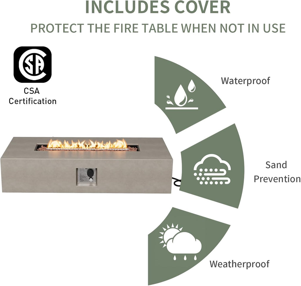 COSIEST 56-inch x 28-inch Outdoor Propane Fire Pit Coffee Table w Concrete Rectangle Base, Certified, 50,000 BTU, Free Lava Rocks and RainCover, Fits 20lb Tank Outside(Gray)