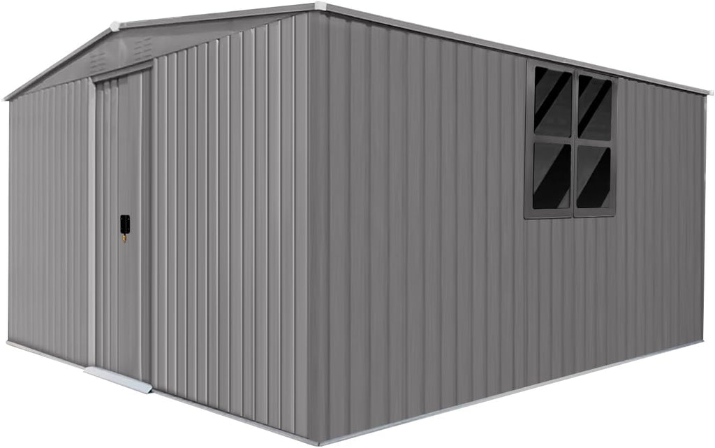 13x11 FT Metal Storage Shed, Outdoor Storage Shed with Window & Apex Roof, Lockable Door for Garden, Backyard, Lawn, and Utility Shelter, Weather-Resistant, Easy to Set Up, Grey