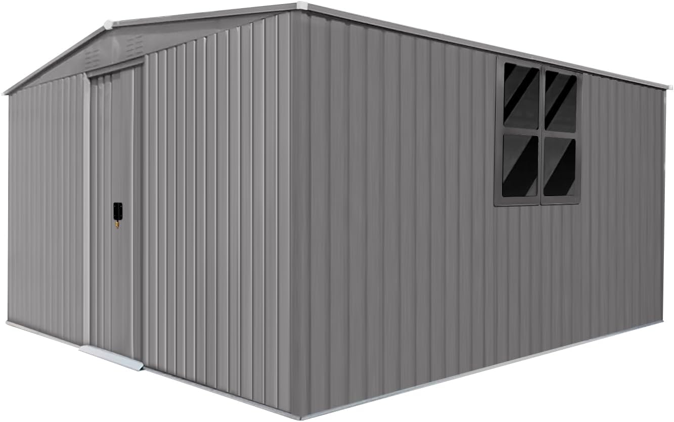 13x11 FT Metal Storage Shed, Outdoor Storage Shed with Window & Apex Roof, Lockable Door for Garden, Backyard, Lawn, and Utility Shelter, Weather-Resistant, Easy to Set Up, Grey