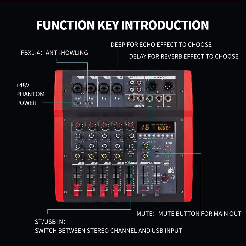EFX6 6 Channels Audio Mixer 4 Mono 1 Stereo Sound Mixing Console 5V 16 DSP Effects USB Computer Play Recording