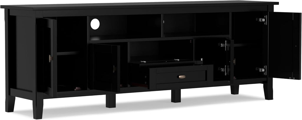 SIMPLIHOME Warm Shaker TV Stand - 72 inch Wide Solid Wood Media Console in Black, Transitional Entertainment Center for Living Room for TVs up to 80 Inches with Cabinets and Cable Management