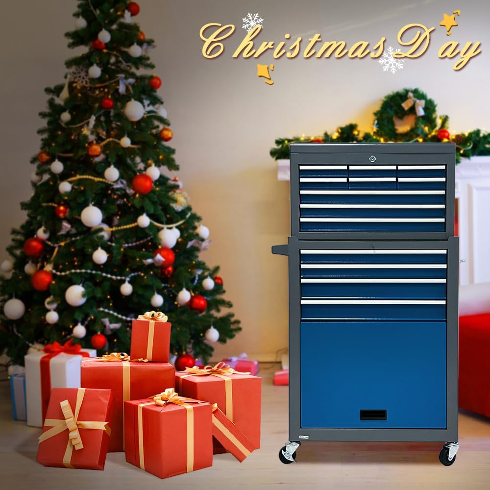 13 Drawers Tool Chest with Wheels,Large Capacity Tool Storage Cabinet with Removable Top Toolbox, Locking Mechanical Tool Cart with Liner,Suitable for Garages, Warehouses-Blue&Grey