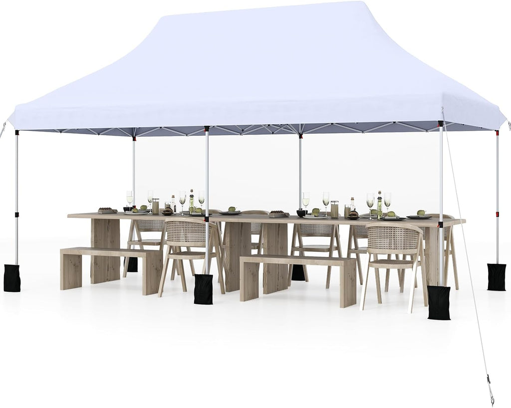 Tangkula 10x20 Ft Pop Up Canopy, Instant Setup Tent with 6 Sandbags, 12 Stakes & 6 Ropes, UPF 50+ Portable Outdoor Canopy Tent with Carrying Bag for Camp, Beach, Patio (White)