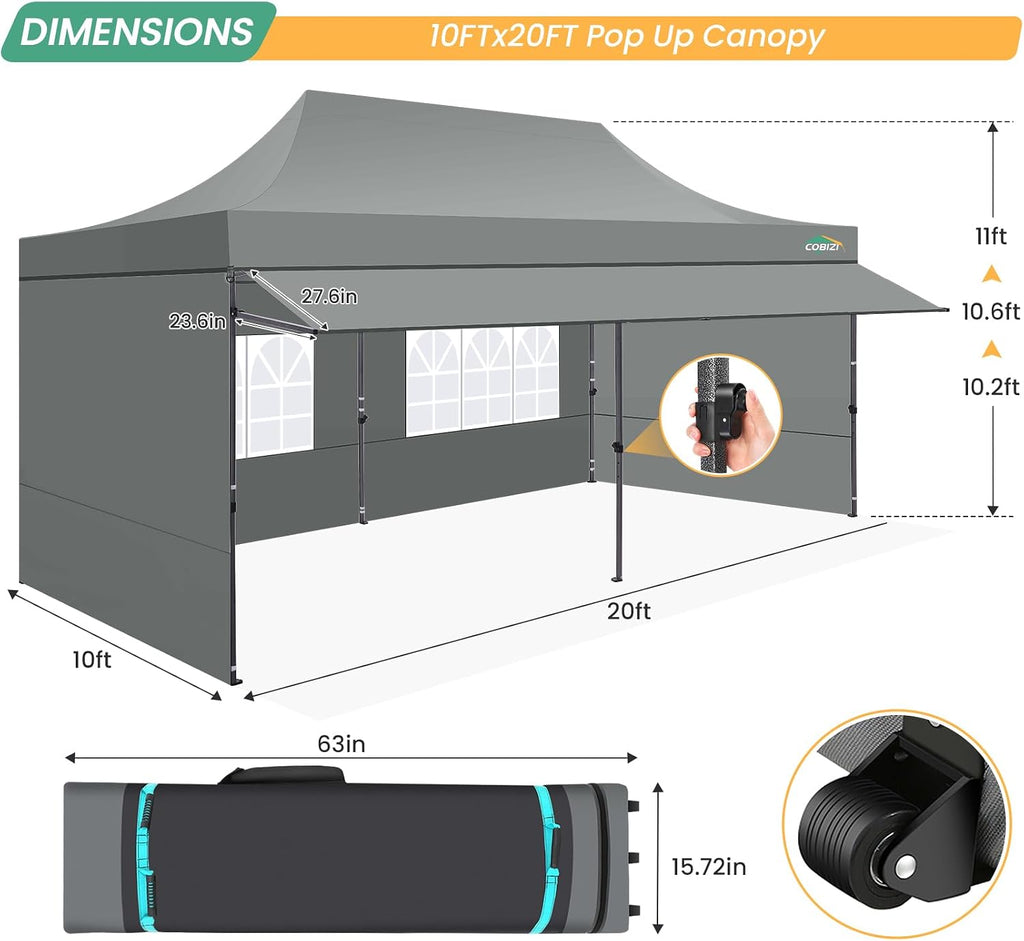 COBIZI 10x20 Pop Up Canopy Tent with Awning & Sidewalls, Heavy Duty Commercial 10X20 Canopy Tents Instant Waterproof, UPF 50+ Sun Shade for Outdoor, Parties, Markets (Gray)