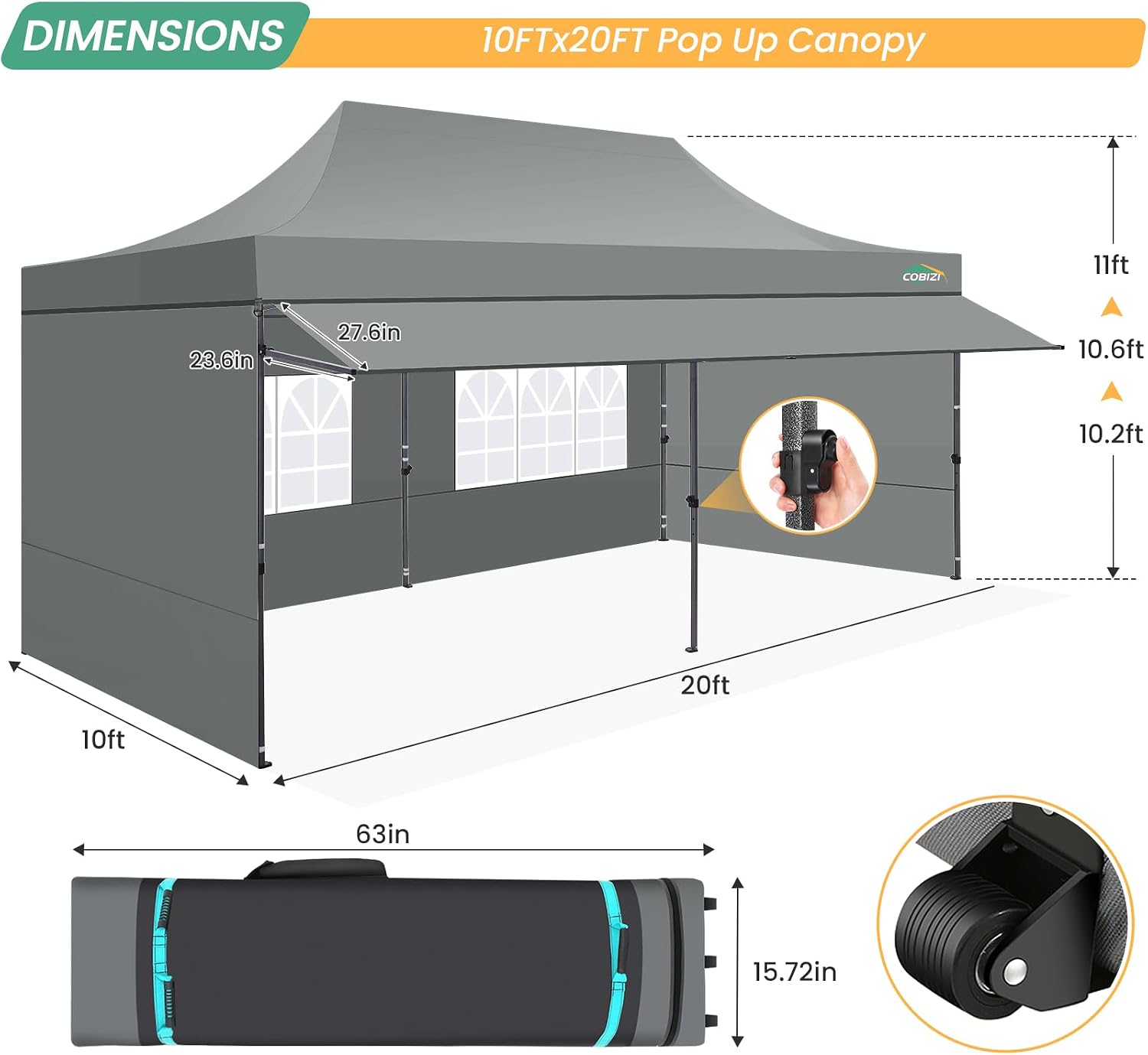 COBIZI 10x20 Pop Up Canopy Tent with Awning & Sidewalls, Heavy Duty Commercial 10X20 Canopy Tents Instant Waterproof, UPF 50+ Sun Shade for Outdoor, Parties, Markets (Gray)