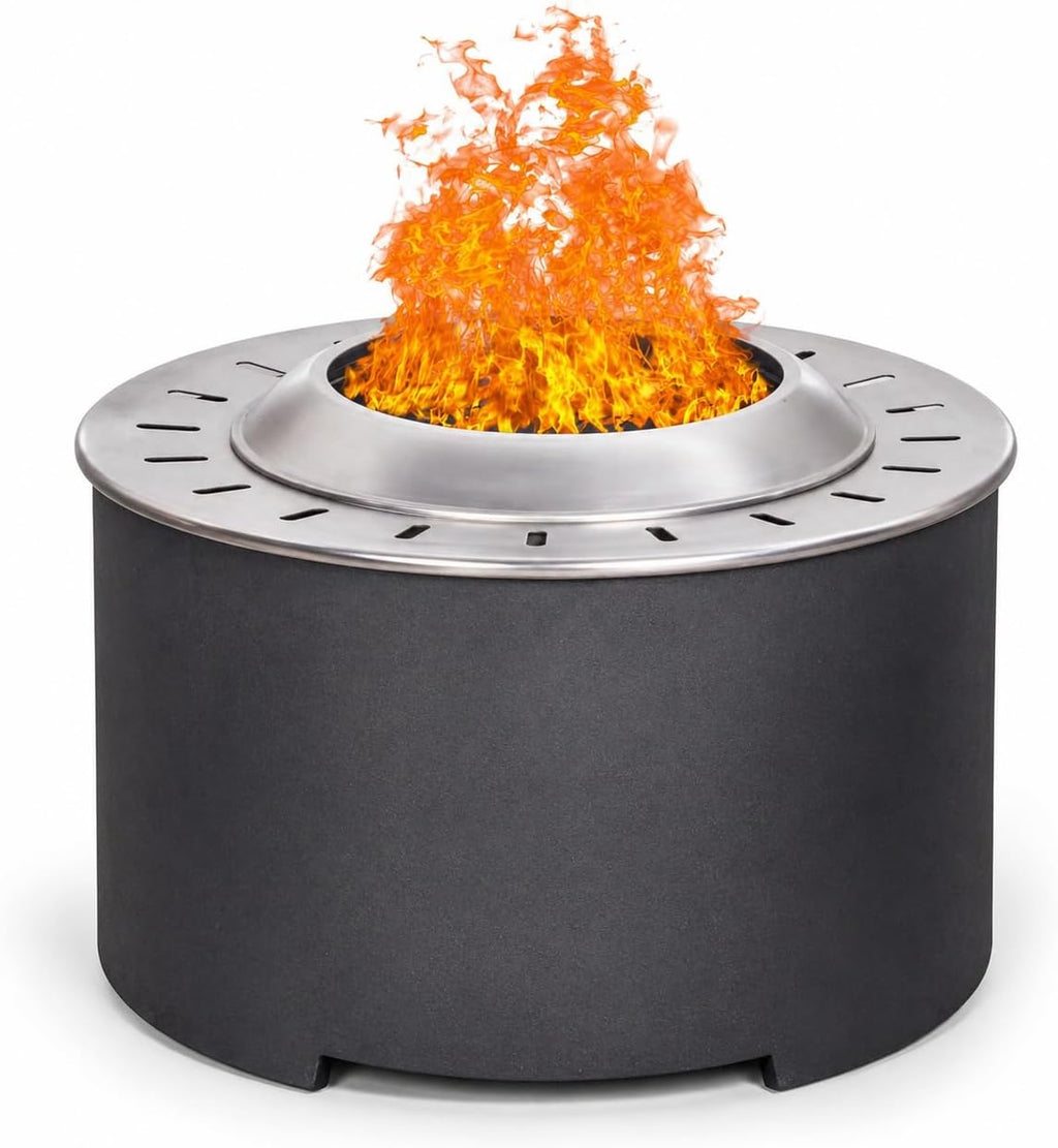 Afterglow Smokeless Fire Pit, 20.5' Round Wood Burning Stainless Steel Top & TerraFab Base, Firepit with Weather Cover Perfect for Outdoor Patio Garden, Dark Grey