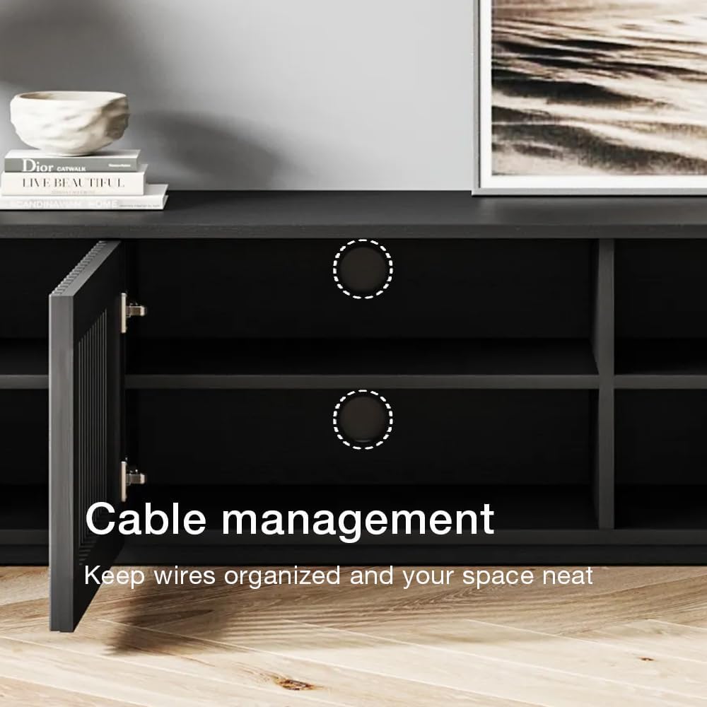 POVISON Full Assembled Mid Century Modern TV Stand, 59.06' Wood Slatted Media Console for 55 inch TV, Entertainment Center with Storage for Living Room, Low Cabinet with Removable Shelves