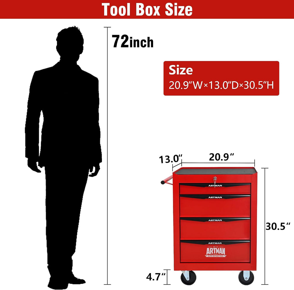 4 Drawers Rolling Tool Box on Wheels, Multifunctional Tool Chest Cabinet with Lock, Drawers Rolling Tool Cart Trolley Organizer Tool Storage Case for Warehouse,Garage,Workshop (Red)