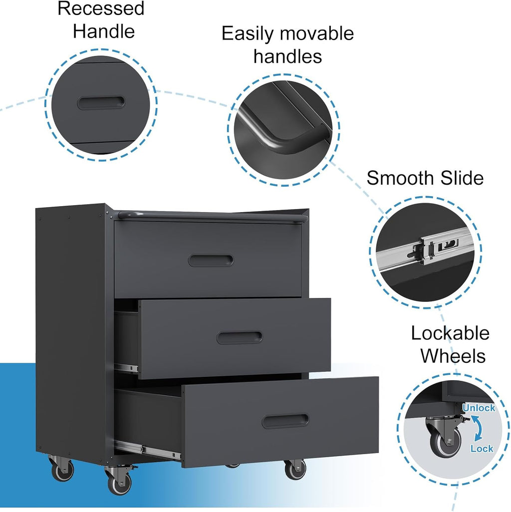 Black Metal Garage Storage Cabinet on Wheels, Heavy Duty Steel Rolling Tool Chest with Drawers, Mobile Tool Storage Cabinets for Warehouse Garage Basement, Assembly Required