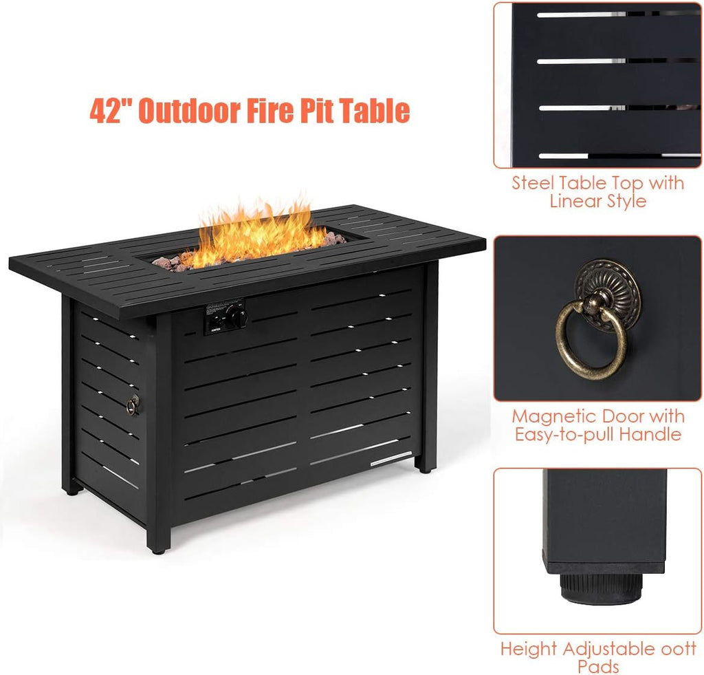 Giantex Propane Fire Pit Table, 42 Inch 60,000 BTU Rectangular Gas Fire Table w/Waterproof Cover, Outdoor Electronic Ignition Firepit Table w/Lava Rock for Courtyard Balcony Garden Terrace