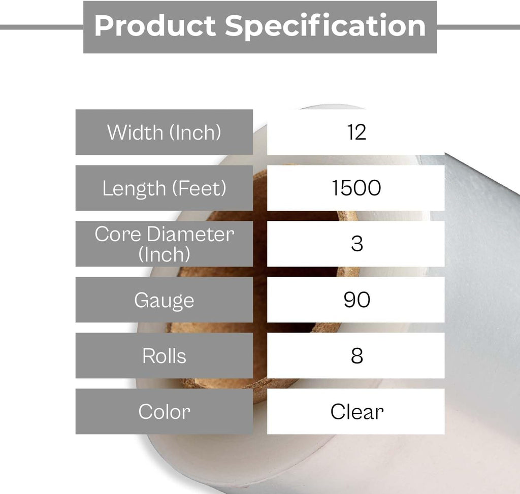 PSBM Stretch Wrap, 8 Rolls 12 Inch x 1500 Feet 90 Gauge Heavy Duty up to 800% Ultimate Stretch Clear Plastic Wrap Industrial Strength Shrink Film for Moving, Packing & Shipping