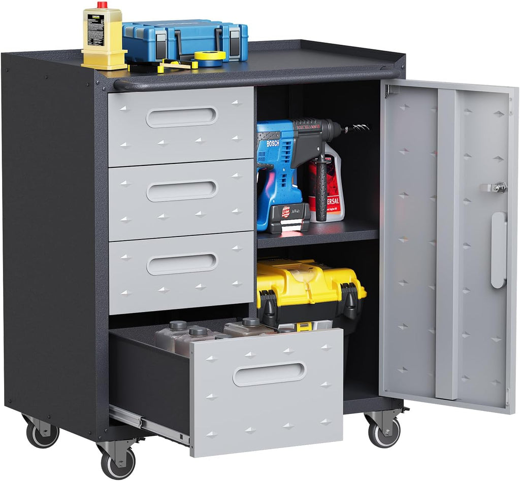4-Drawer Rolling Tool Chest, Metal Tool Storage Cabinet on Wheels, Heavy Duty Tool Cart with Lockable Door & Handle, Mobile Toolbox, Steel Locker for Garage, Home, Warehouse, Black & Grey
