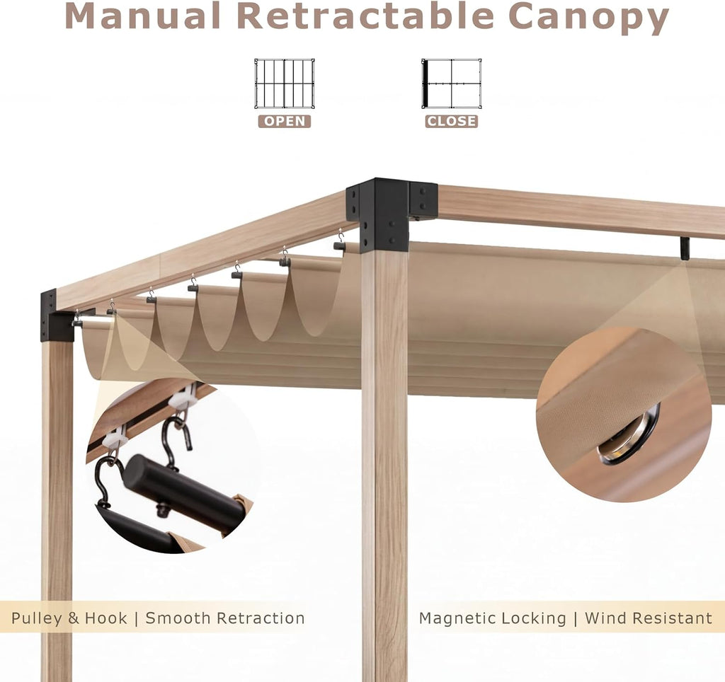10'x12' Outdoor Pergola with Solar LED Lights,Waterproof & UPF 50+ UV-Resistant Retractable Sun Shade Canopy, Wood-Grain Aluminum Frame for Backyard, Garden, Deck, Poolside