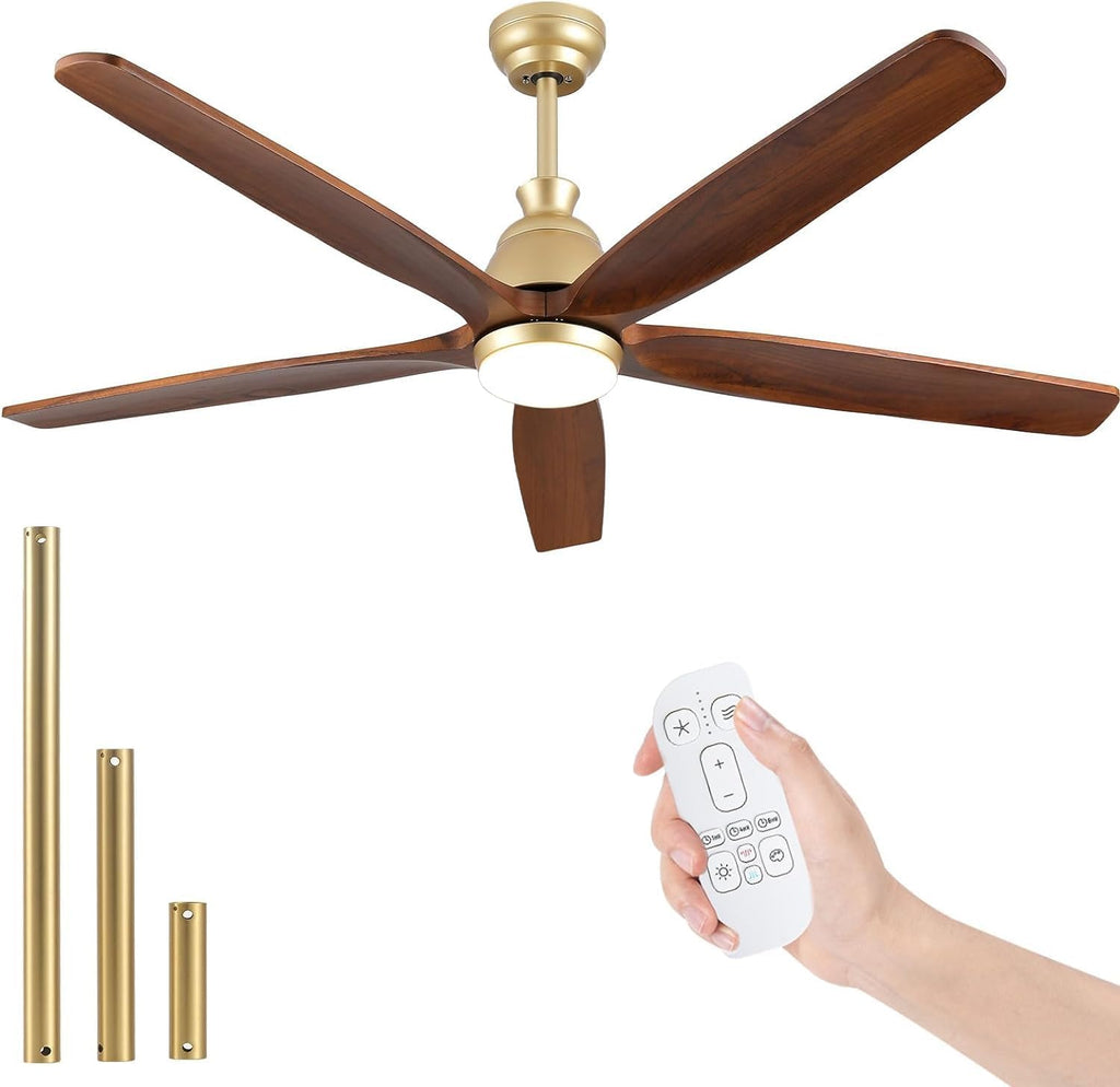 52 Inch Gold Ceiling Fan with Light and Remote Control, Modern Farmhouse 5 Blade Wood Ceiling Fan, Noiseless DC Motor, Indoor Outdoor Fan with Light for Patios Bedroom Porch
