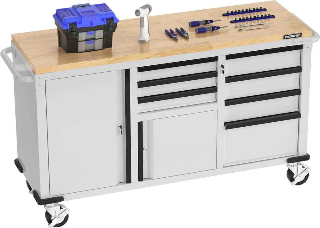 WORKPRO 62' Rolling Tool Chest, Heavy Duty Mobile Tool Storage Cabinet with 7-Drawer & 2-Door, Power Strip, Locking System, 1000 LBS Capacity Rolling Cabinet for Garage, Kitchen & Warehouse