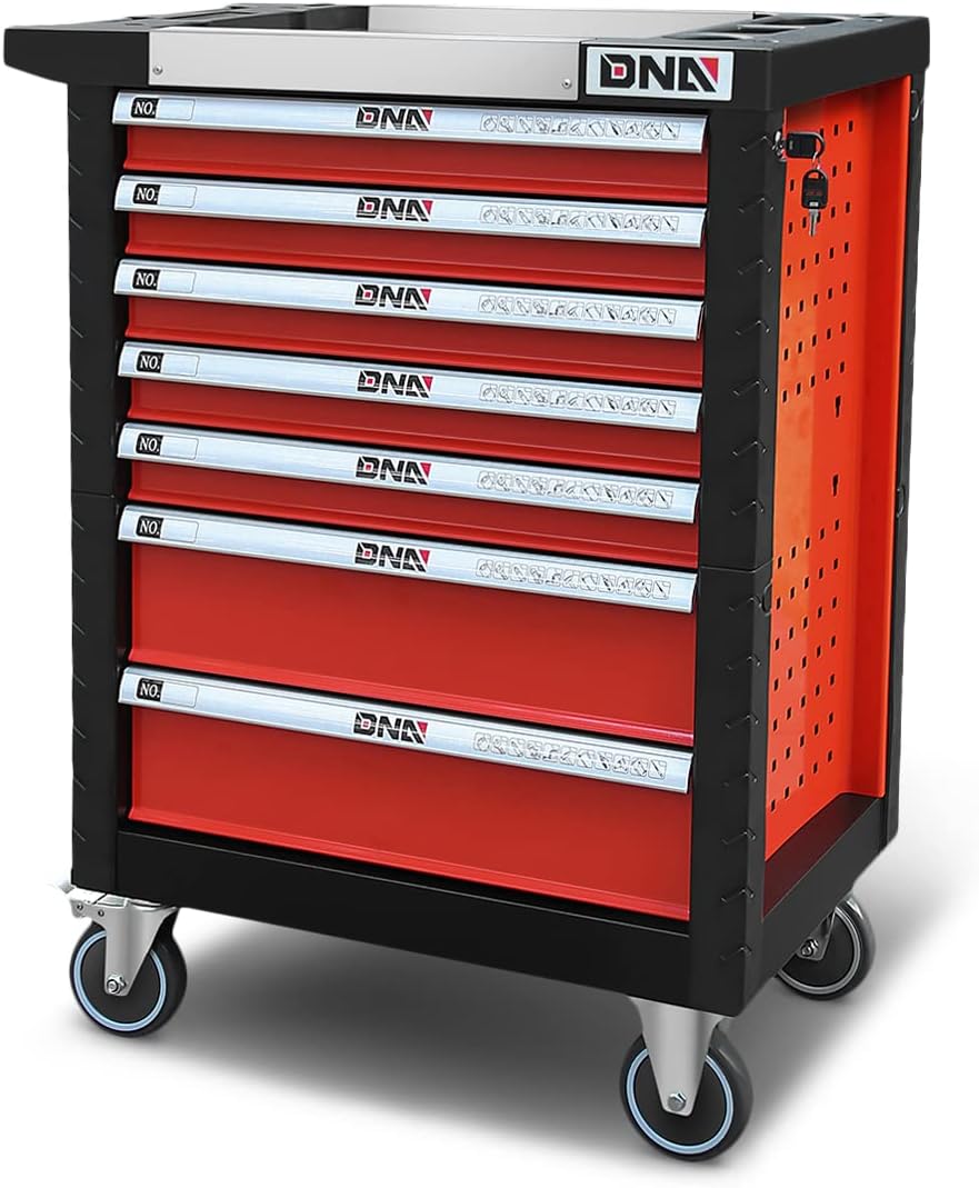 DNA Motoring 7-Drawer Rolling Tools Chest, Rolling Tool Storage Cabinet, Heavy Duty Mechanic Tool Cart, Trolley Organizer for Garage, Warehouse, Workshop, w/Keys, Red, Upgrade Package, TOOLS-10001