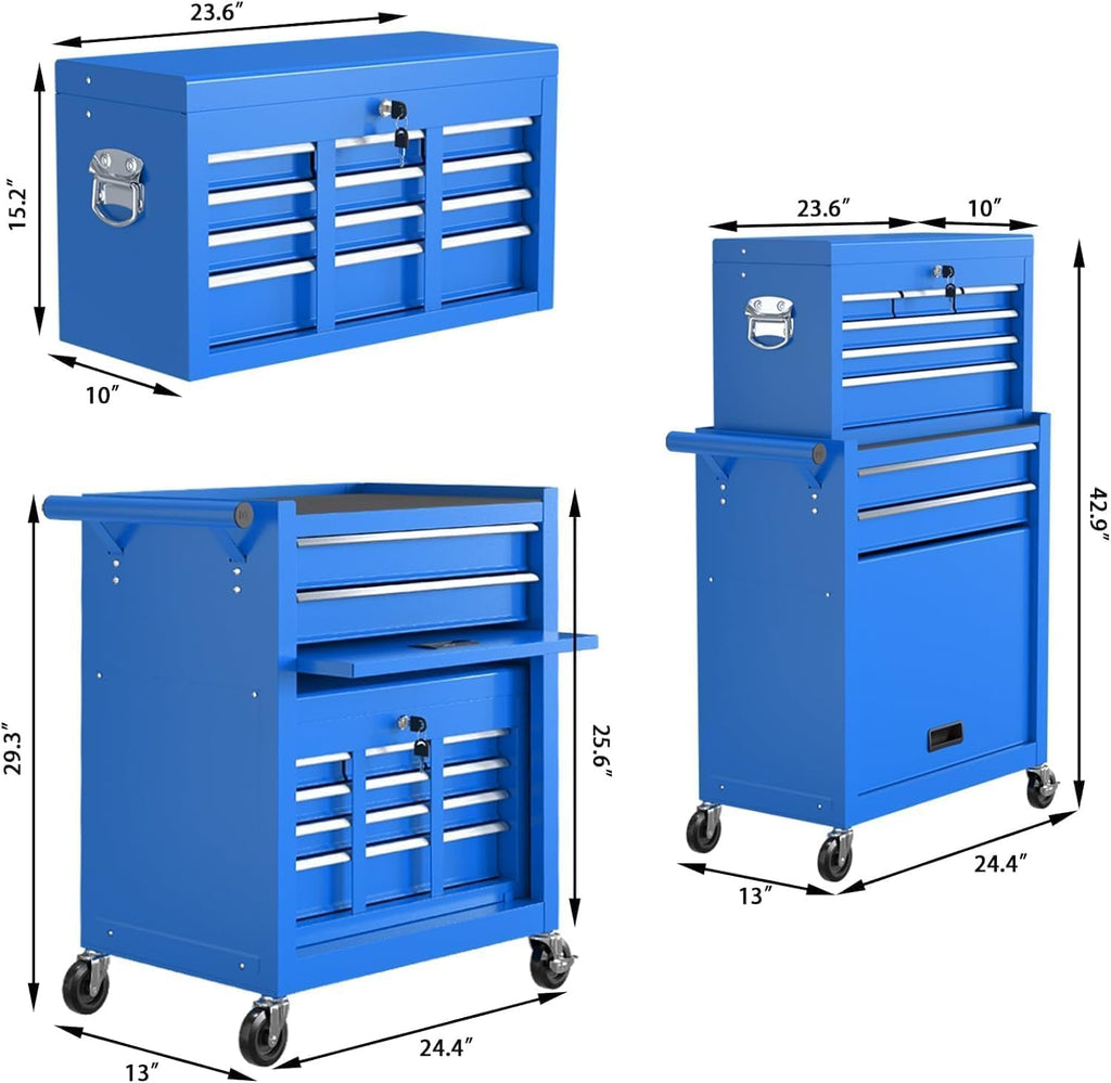 8-Drawer Rolling Tool Chest Tool Box,Removable Tool Storage Cabinet with 4 Wheels and Drawers,2 in 1 Portable Toolbox Organizer, Tool Chest with Lockable Drawer Gifts for Men, Blue
