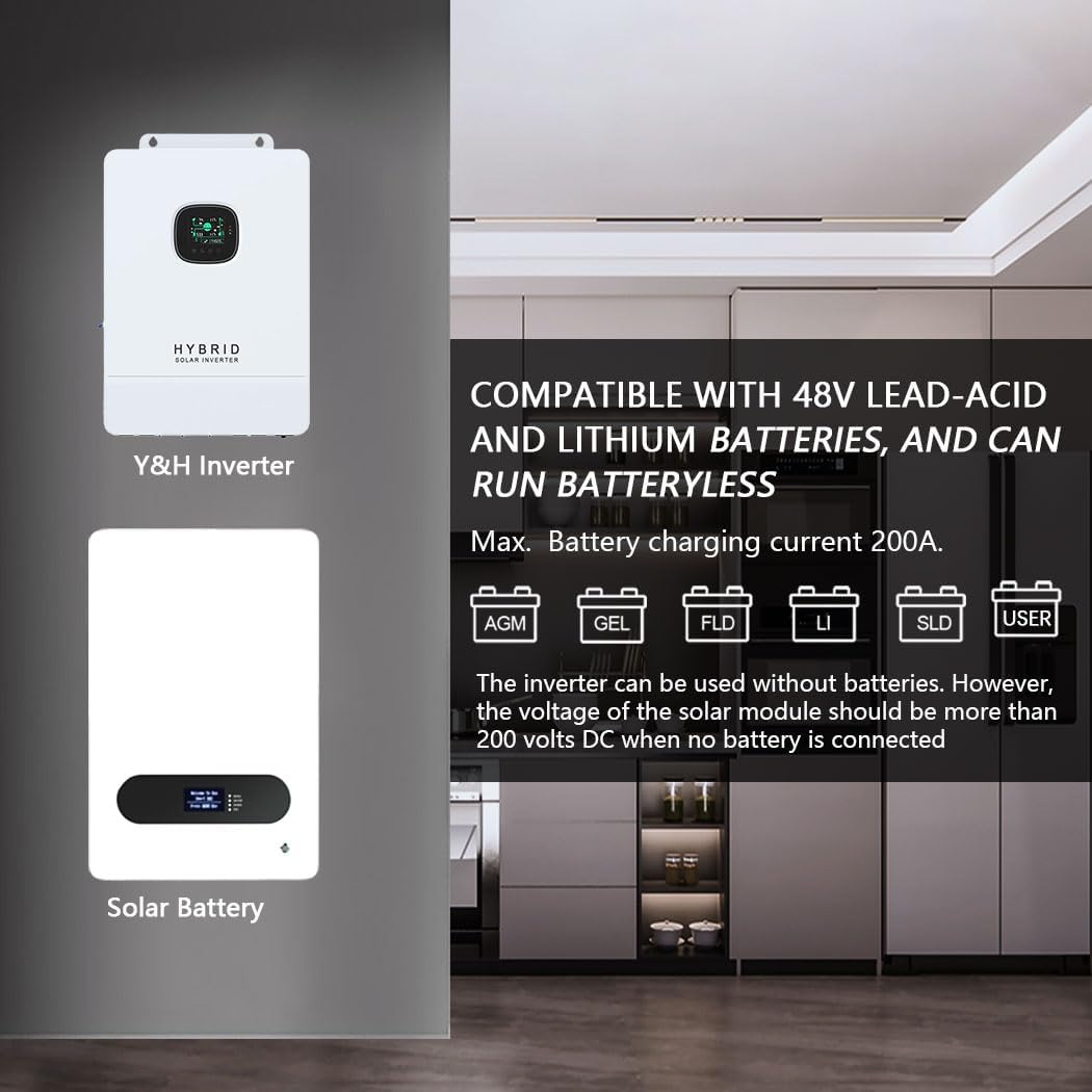 Y&H 10KW 48V Solar Inverter UL1741, 120V/240V Single/Split-Phase, with 200A MPPT Charging 11KW PV, Battery-Free & Hybrid UPS, Pure Sine 20KW Peak, Parallel Capable, CAN-BMS-Wi-Fi, Off-Grid Home RV ESS