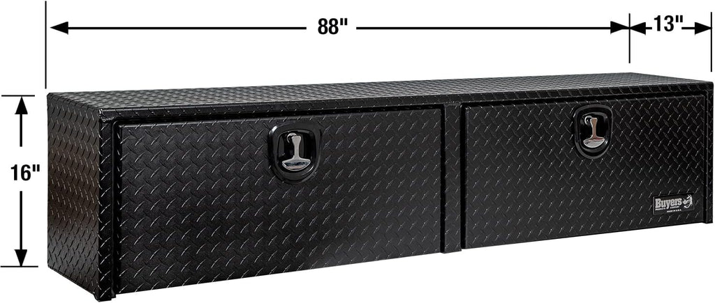 Buyers Products 1721556 Black Aluminum Diamond Tread Topsider Truck Box With Drop Door, 88x13x16 Inch, Weather Resistant, Locking Compression Latch, No Drill Install, Made in USA