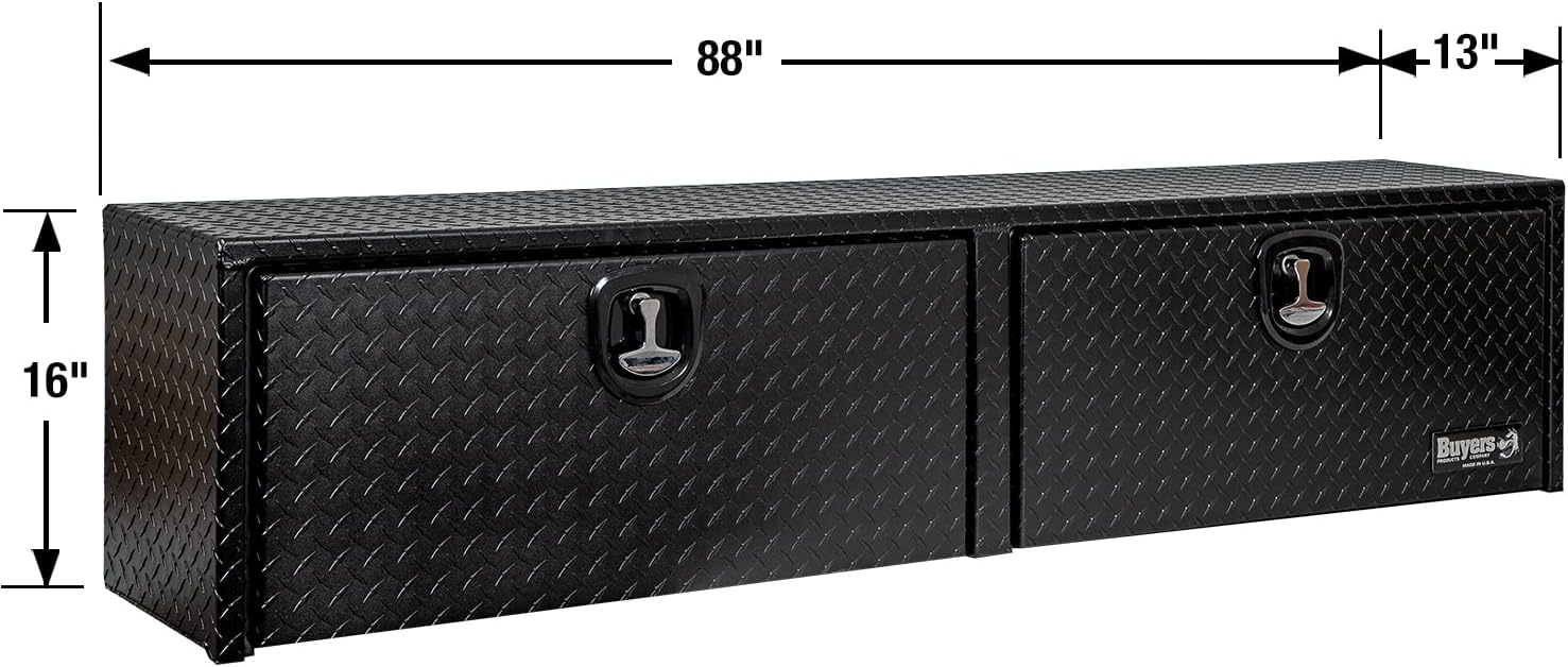 Buyers Products 1721556 Black Aluminum Diamond Tread Topsider Truck Box With Drop Door, 88x13x16 Inch, Weather Resistant, Locking Compression Latch, No Drill Install, Made in USA
