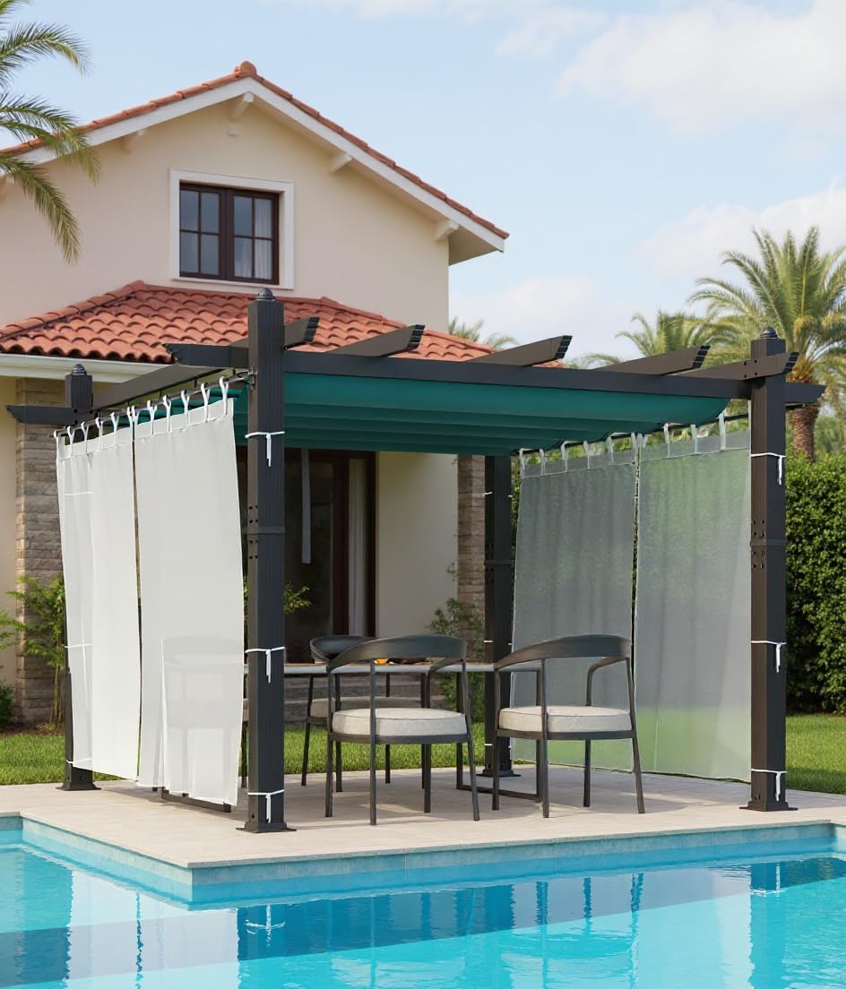 10x13 Ft Retractable Outdoor Pergola with Canopy and Side Mesh, Upgraded Gray Aluminum Pergola, Modern Pavilion for Backyard, Patio, Porch, Grape Trellis, Blue+White
