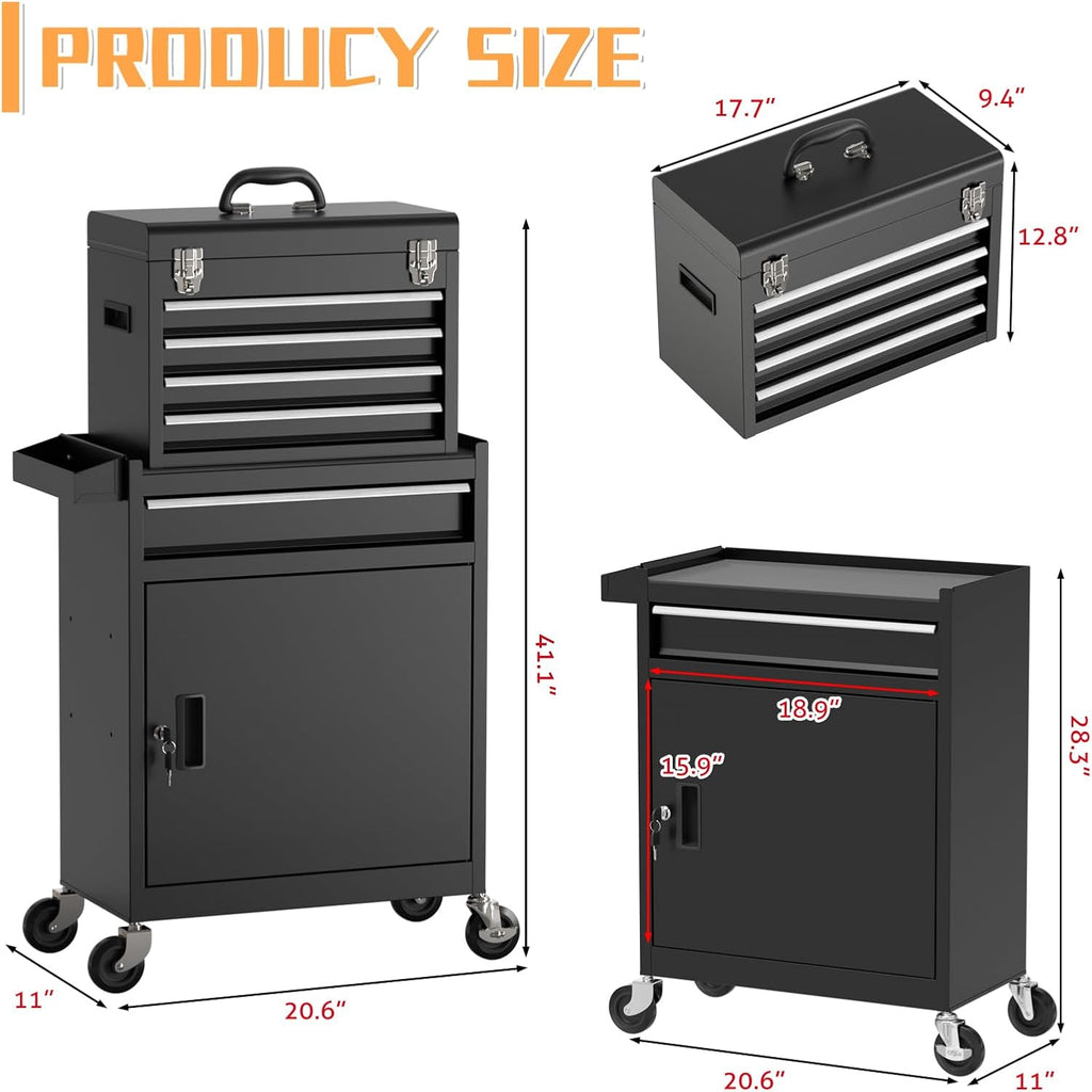 5 Drawer Rolling Tool Chest with Drawers-Lockable Metal Toolbox on Wheels-Detachable Top Tool Storage & Rolling Tool Cart for Garage Workshop,Repair Room(Black)