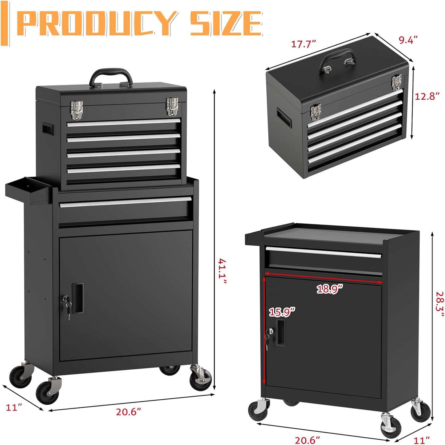 5 Drawer Rolling Tool Chest with Drawers-Lockable Metal Toolbox on Wheels-Detachable Top Tool Storage & Rolling Tool Cart for Garage Workshop,Repair Room(Black)