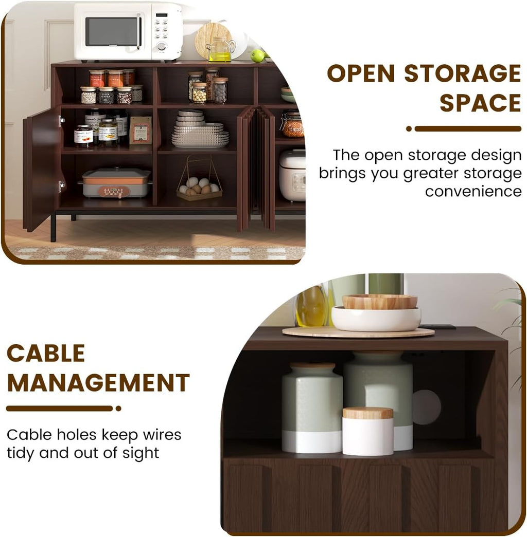 COCO DESIGN 70' Fluted TV Stand with Power Outlet for TVs up to 80', Modern Entertainment Center with Adjustable Shelves, Media Console Table with Storage for Living Room, Walnut