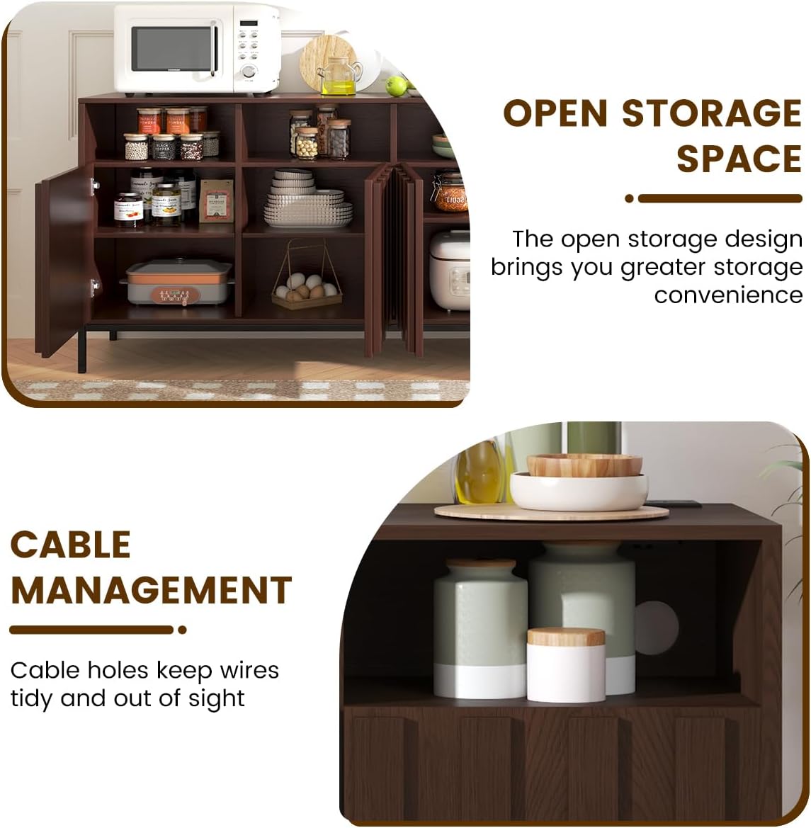 COCO DESIGN 70' Fluted TV Stand with Power Outlet for TVs up to 80', Modern Entertainment Center with Adjustable Shelves, Media Console Table with Storage for Living Room, Walnut