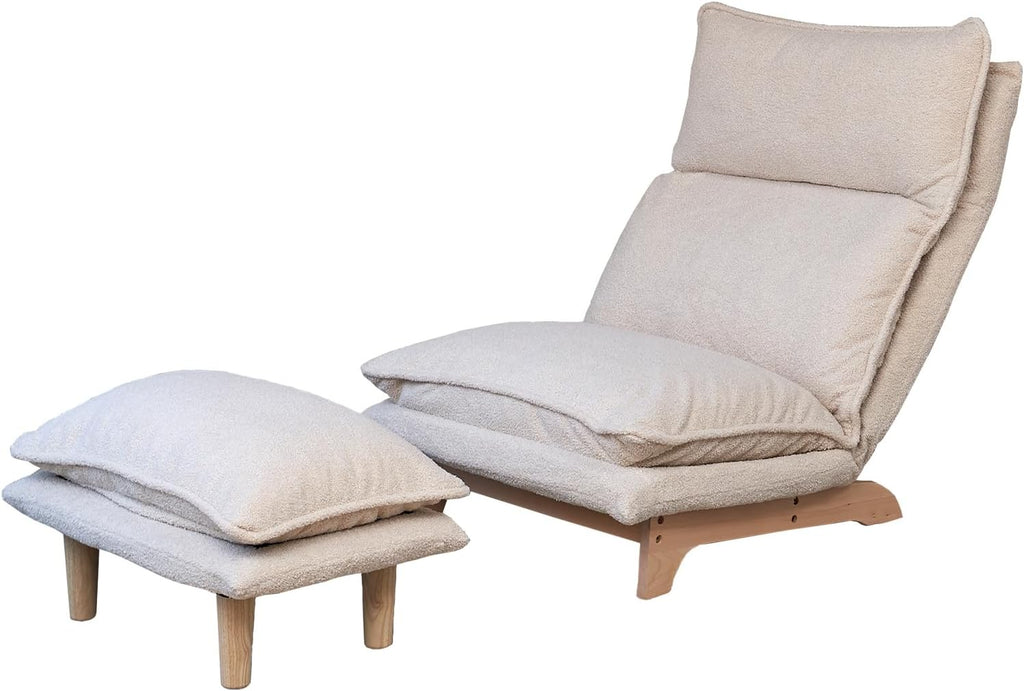 Beige Lazy Floor Lounger with Ottoman, Adjustable Floor Chair Bean Bag Style Tatami Sofa with Thick Cushions and Back Support, Comfy Lounge Seating for Adults, Gaming & Bedroom Relaxation