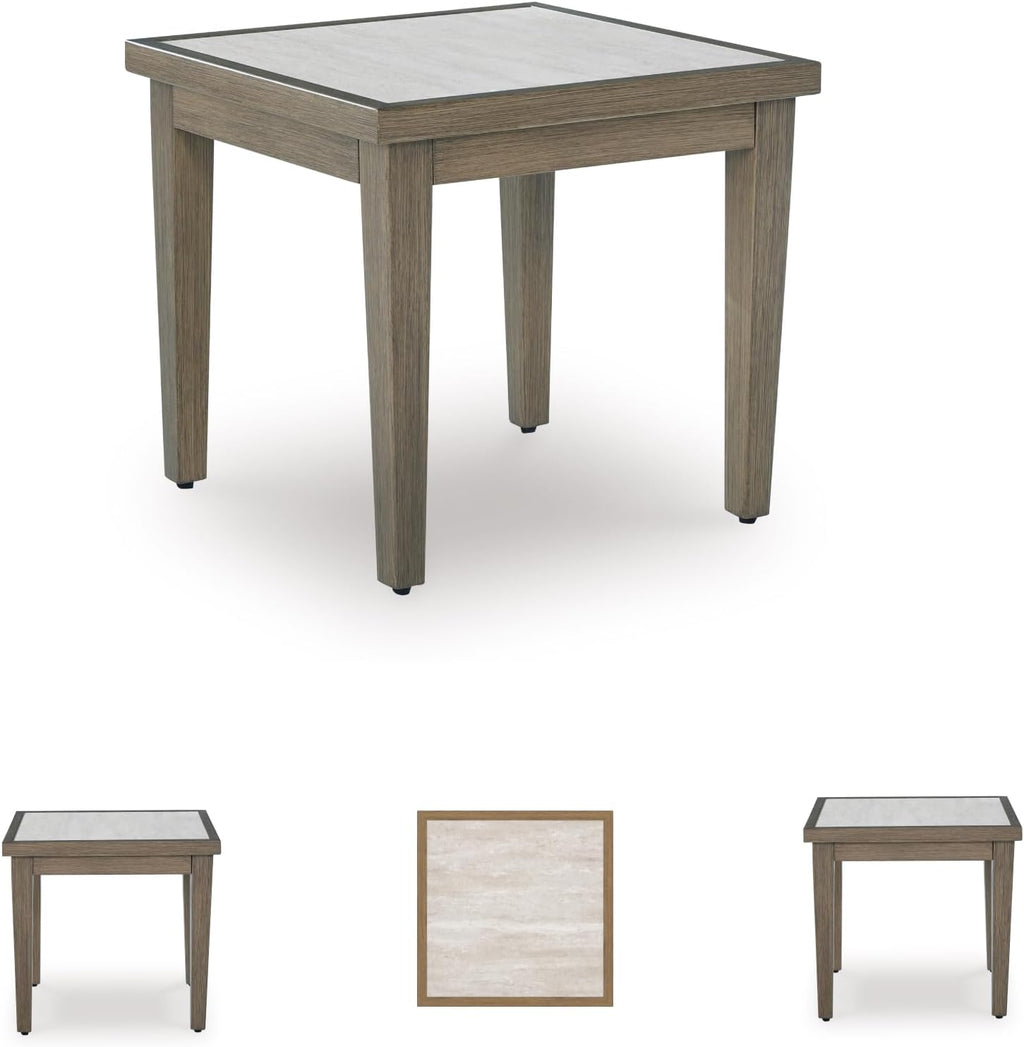 Signature Design by Ashley Rainier Ranch Contemporary Sintered Stone Tabletop Outdoor End Table with 4 Legs, Light Brown & Beige