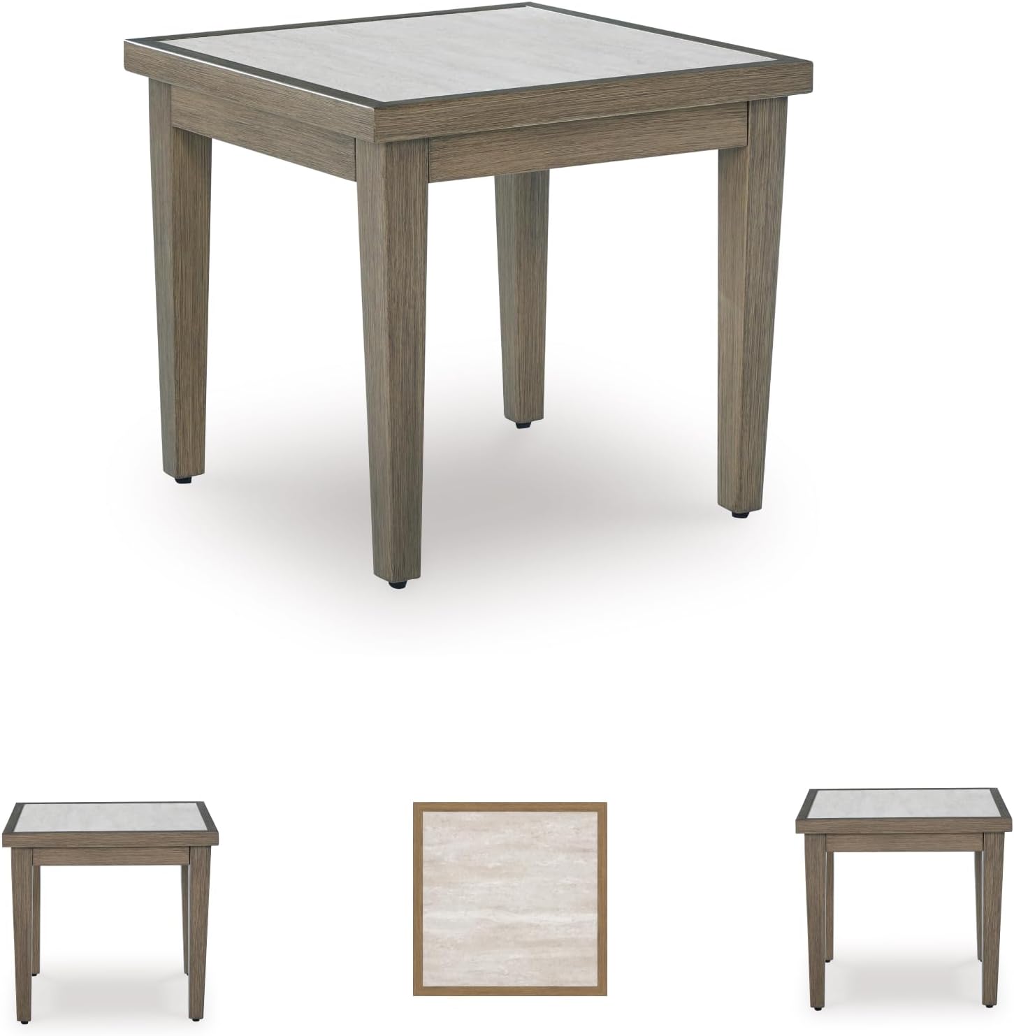 Signature Design by Ashley Rainier Ranch Contemporary Sintered Stone Tabletop Outdoor End Table with 4 Legs, Light Brown & Beige