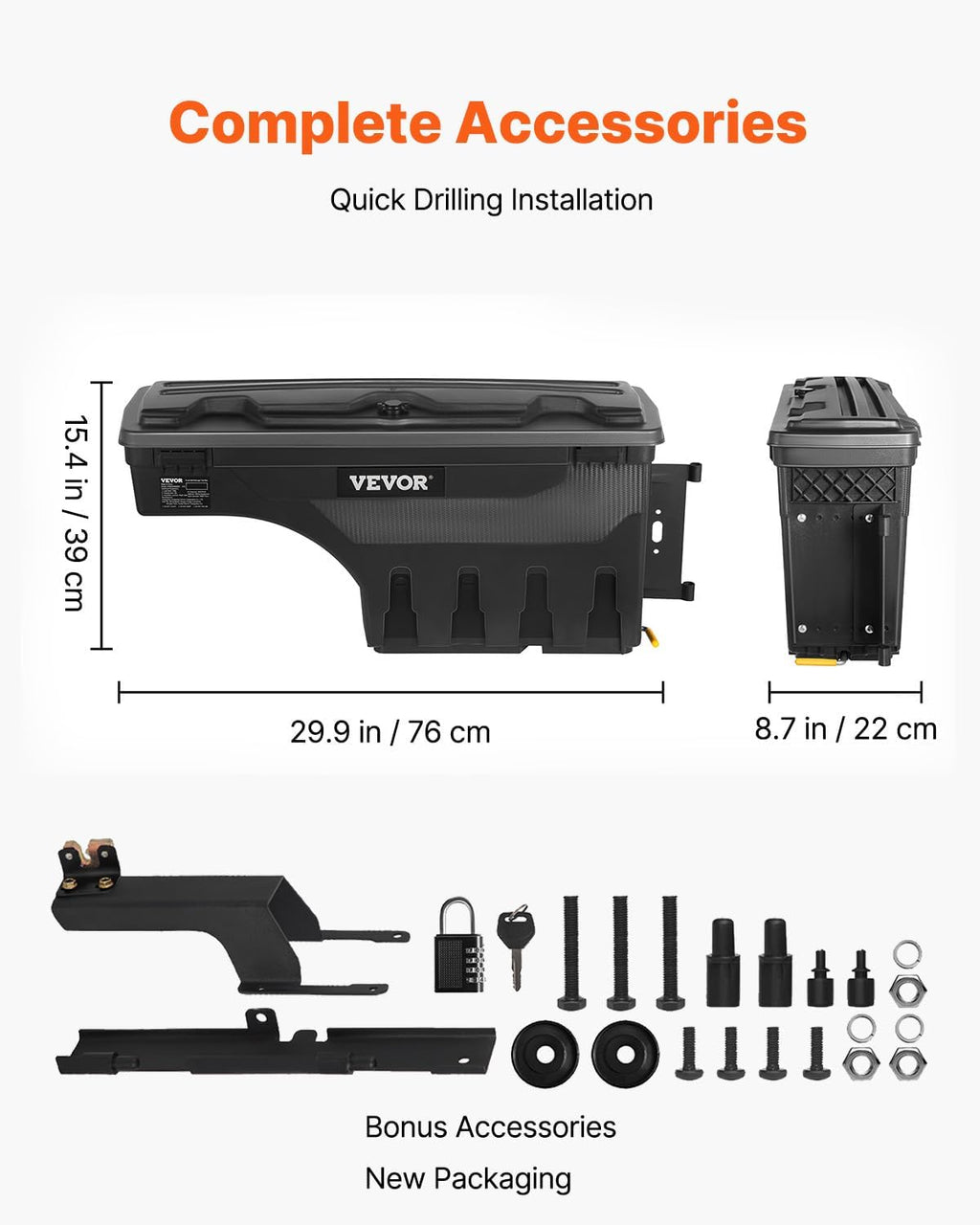 VEVOR Truck Bed Storage Box, Compatible with 2015-2020 Ford F150 R, Waterproof ABS Wheel Well Tool Box with Lockable Lid and Password Padlock, 6.6 Gal/25 L Truck Bed Toolbox, Passenger Side, Black