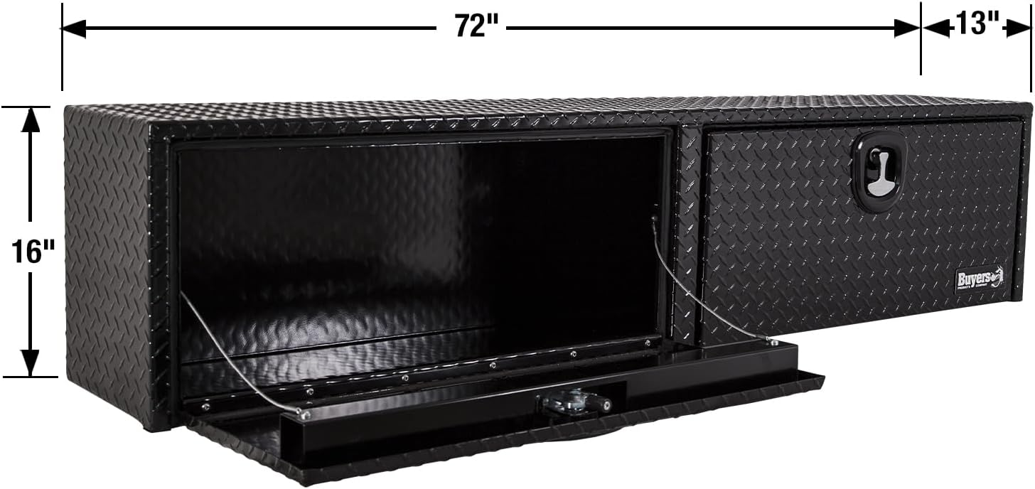 Buyers Products 1721551 Black Aluminum Diamond Tread Topsider Truck Box With Drop Door, 72 x 13 x 16 Inch, Made in The USA, Lockable Tool Chest, Durable Job Box For Storage & Organization