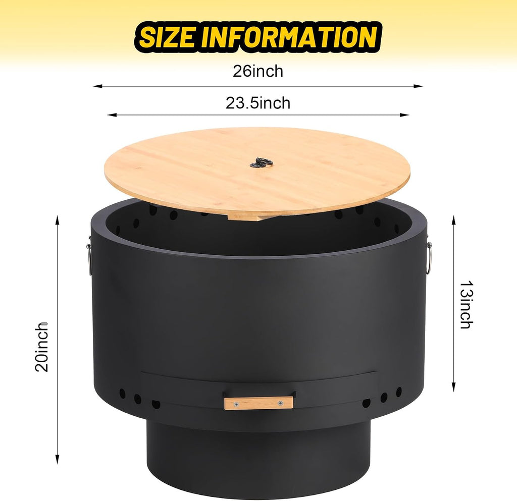 Garvee 26 in Smokeless Fire Pits, Wood Burning Firepits with Fire Poker, Outdoor Portable Fire Pits with Removable Ash Pan and Hardwood Top, Backyard Fireplace for Camping, Picnic and