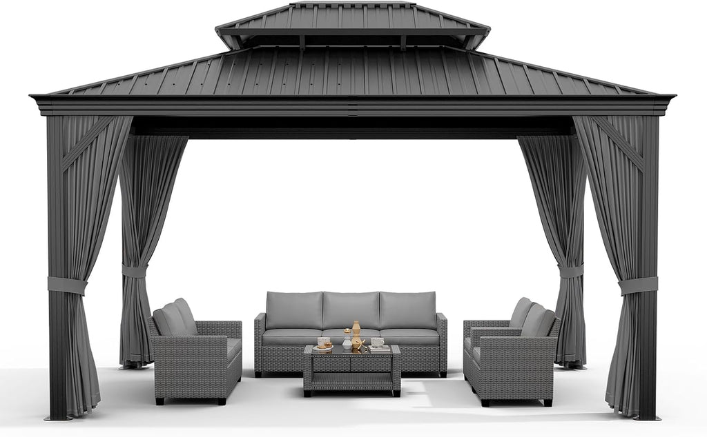 12'x16' Hardtop Gazebo, Heavy Duty Aluminum Permanent Hardtop Gazebo Outdoor Pavilion with Curtains and Netting for Garden