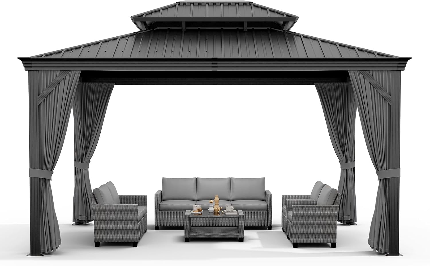 12'x16' Hardtop Gazebo, Heavy Duty Aluminum Permanent Hardtop Gazebo Outdoor Pavilion with Curtains and Netting for Garden