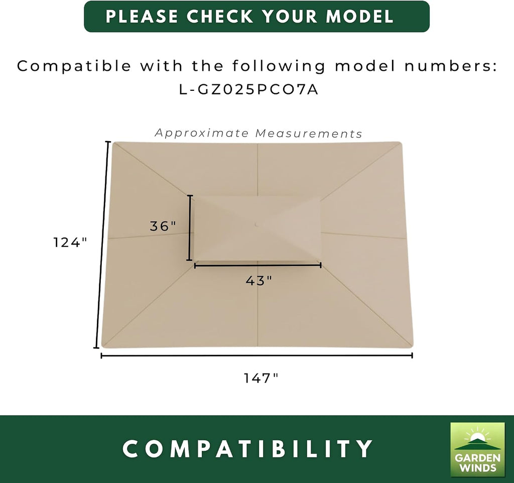 Garden Winds Reinforced RipLock 350 Replacement Canopy Top Cover Compatible with Tivering 10' x 12' Gazebo Model L-GZ025PCO7A - Beige