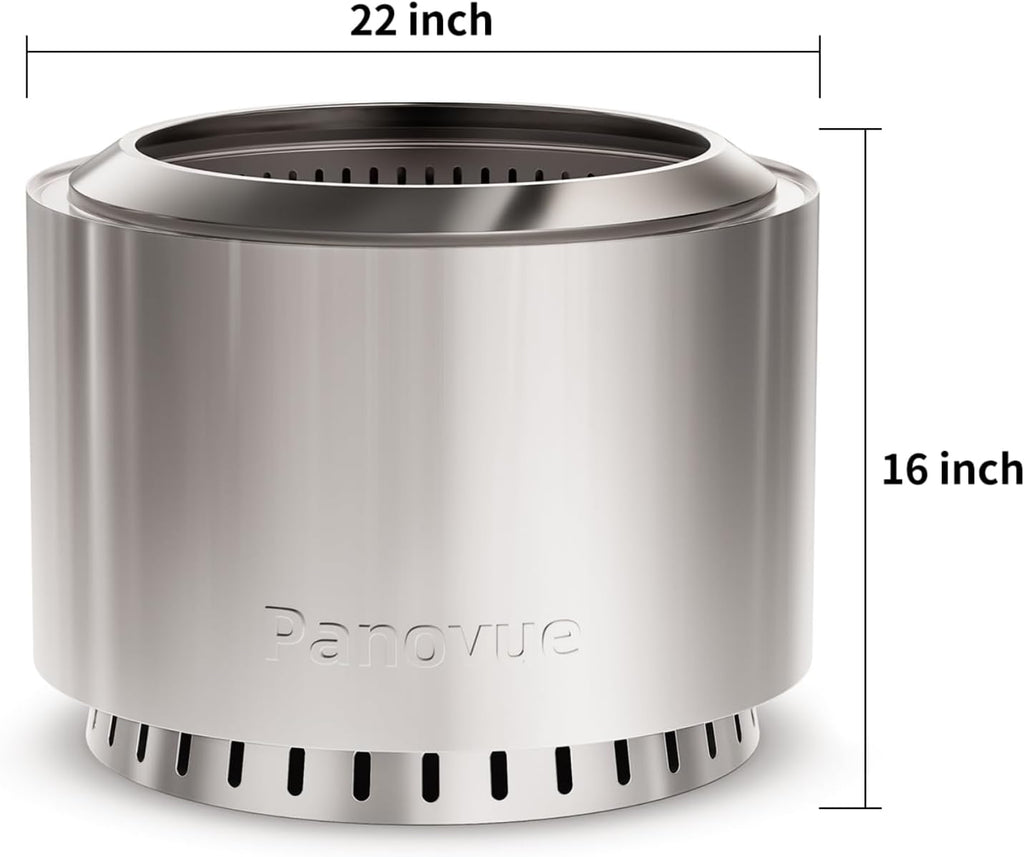 Panovue 22 inch Smokeless Fire Pit with Waterproof Cover, Stainless Steel Outdoor Smokeless Firepit, Wood Burning Fire Pits for Camping, Bonfire,Low Smoke Firepit for Outside[Slivery]