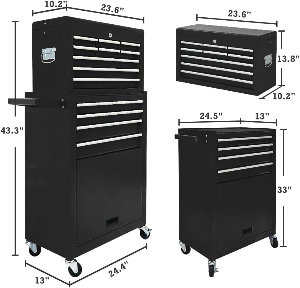 13-Drawer Tool Chest with Wheels, 2 in 1 Detachable Rolling Toolbox with Drawers, Large Tool Box with Lock, Mobile Steel Tool Cabinet Storage for Warehouse, Garage (Black)