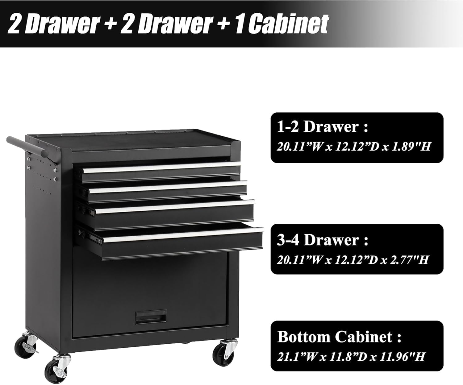 4 Drawers Tool Cart on Wheels, Multifunctional Rolling Tool Chest with 1 Cabinet, Drawers Rolling Tool Storage Case for Garage, Warehouse, Workshop, Repair Shop (4 Drawers-29.9' H-Black)