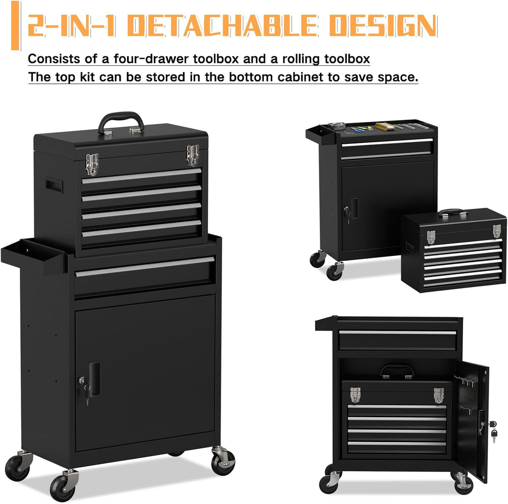 5 Drawer Rolling Tool Chest with Drawers-Lockable Metal Toolbox on Wheels-Detachable Top Tool Storage & Rolling Tool Cart for Garage Workshop,Repair Room(Black)