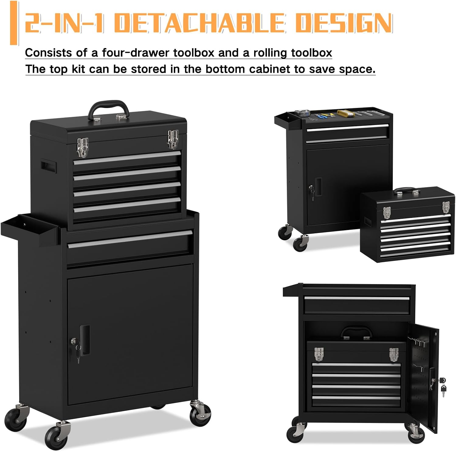 5 Drawer Rolling Tool Chest with Drawers-Lockable Metal Toolbox on Wheels-Detachable Top Tool Storage & Rolling Tool Cart for Garage Workshop,Repair Room(Black)