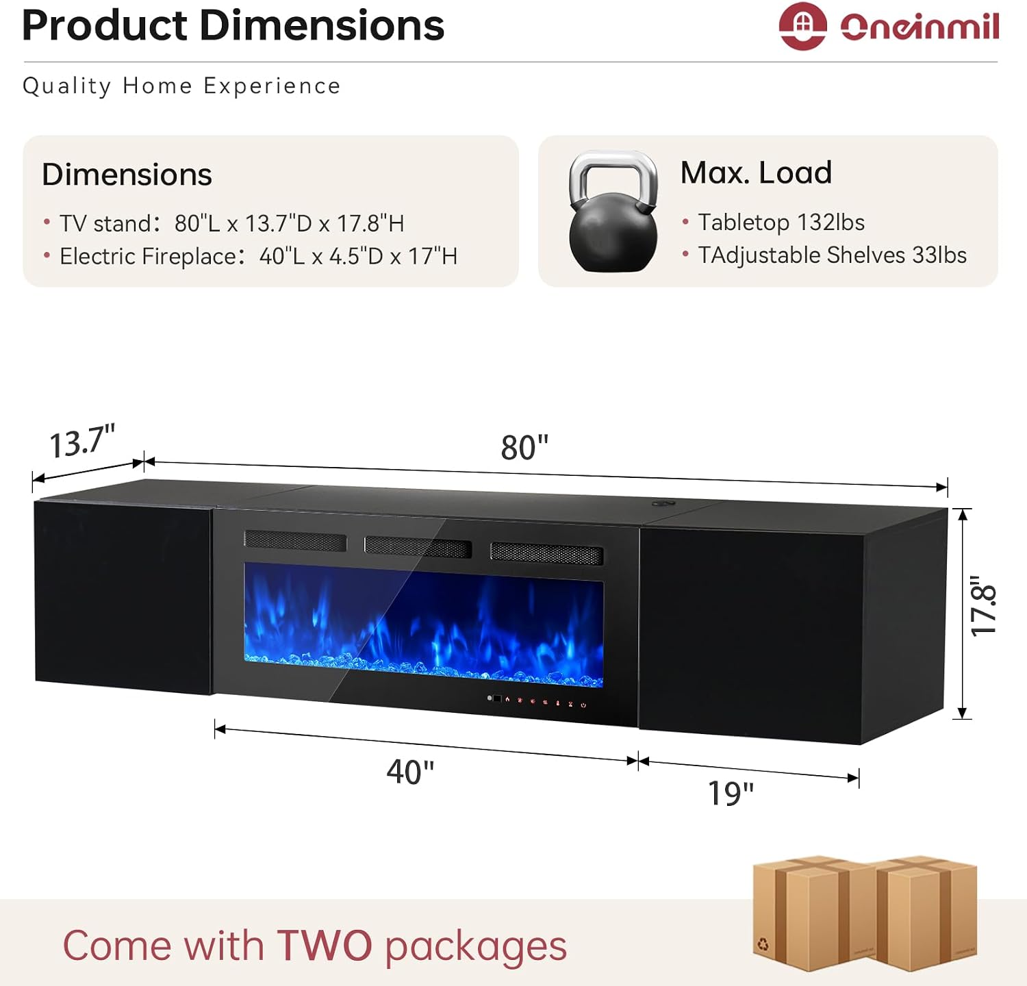 oneinmil 80' Floating TV Stand with 40' Electric Fireplace, Modern Entertainment Center with Storage, Adjustable 12-Color LED Lights, Fire Place TV Console for Living Room, All Black