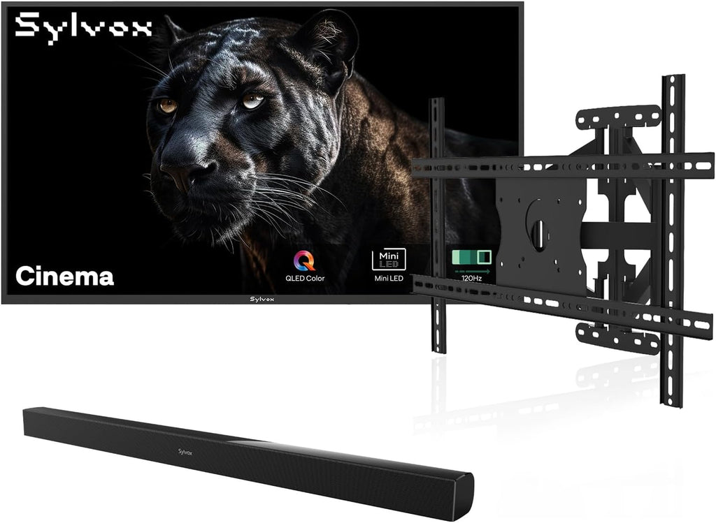 SYLVOX 75 inch Outdoor Mini-LED QLED TV with Wall Mount & Soundbar, 4K UHD, 2000 Nits Full Sun, Anti-Glare Screen, 120Hz, IP56 Waterproof, Dual 30W Dolby Atmos Speaks (Cinema/2025)