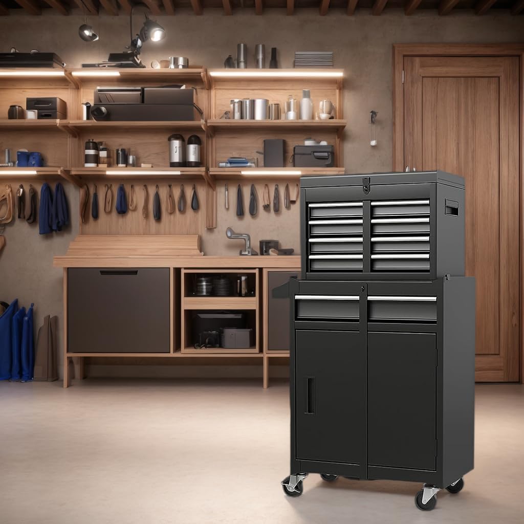 5-Drawer Rolling Tool Chest & Cabinet With Detachable Top Box - Heavy-Duty Metal Tool Cart With 4 Hooks, Lockable Drawers & 4 Wheels For Garage, Workshop, And Automotive Organization(Black)