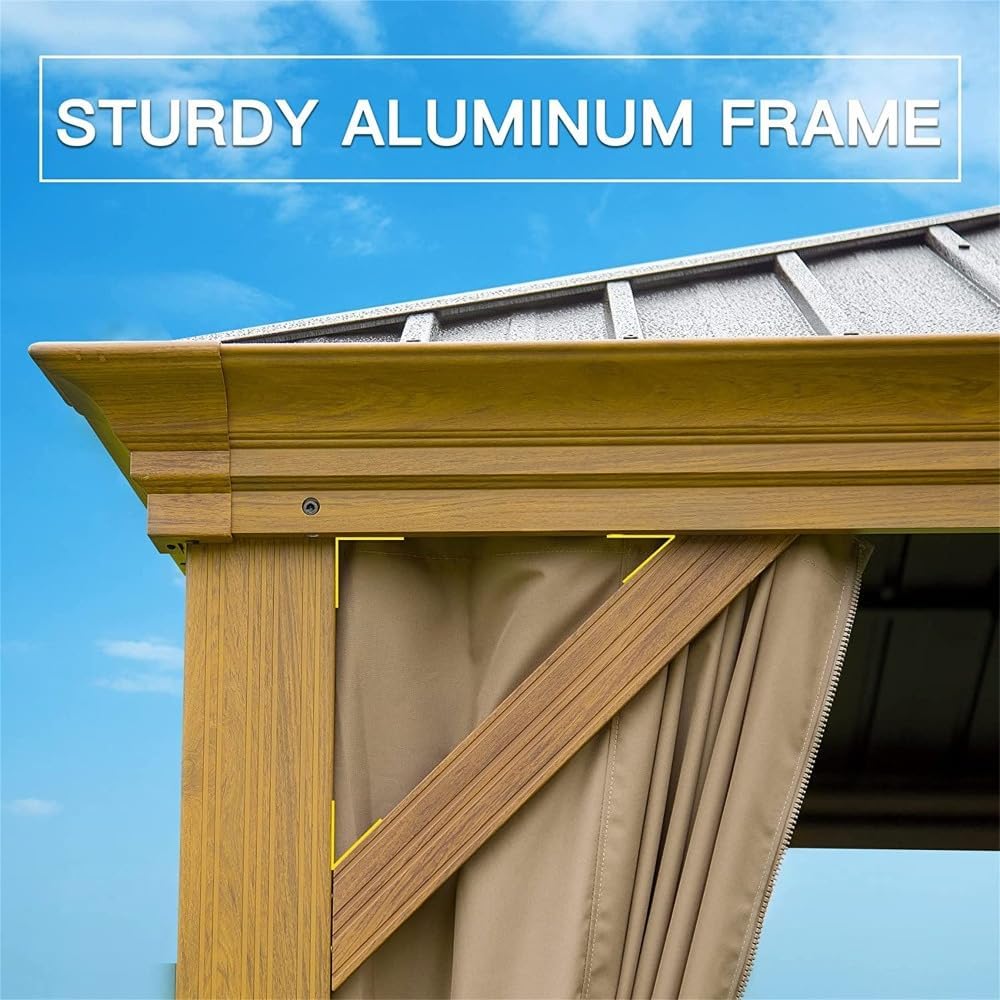 12x16 ft Hardtop Gazebo with Double Roof Canopy for Backyard Patio Deck Outdoor Use Aluminum Frame with Wood Grain Finish