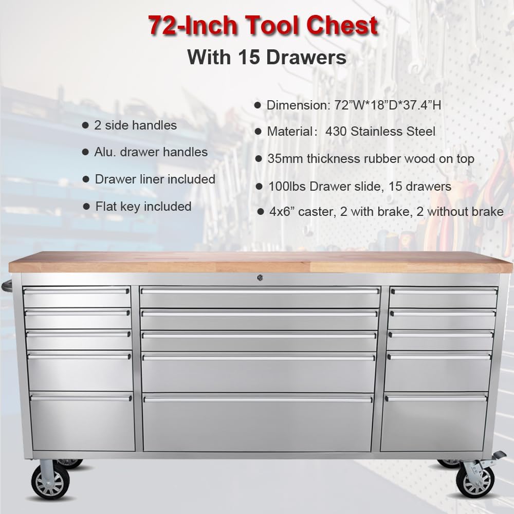 72-inch Stainless Steel Rolling Tool Chest with 15 Drawers, Mobile Workbench, Assembled Large Tool Box Lockable Storage Cabinet with Wheels for Garage Workshop (72'' w/15 Drawers)