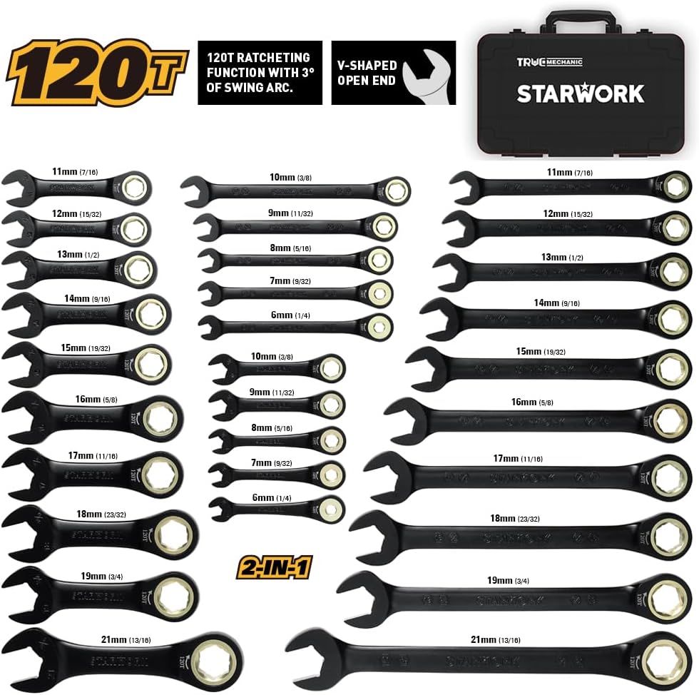 STARWORK TRUE MECHANIC™ 30-Piece 2-IN-1 Ratcheting Wrench Set, 120-Tooth, SAE&Metric, Gift Series with Black case, Professional